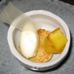 Long pepper poached pineapple with olive oil génoise cake and vanilla gelato