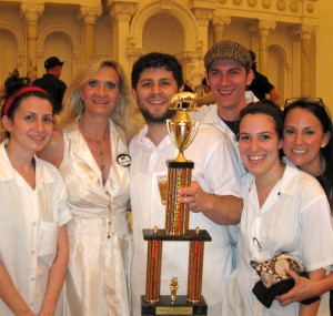 Cochon 555 2011 LA Winner Chad Colby, chef at Osteria Mozza, with his team and Sophie Gayot