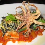 Spaghetti nero with fra diavolo, prawns, squid and tarragon