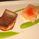 McFarland Springs trout two ways: olive oil-poached trout with crème fraiche and beurre blanc, and crispy pan-seared trout with bacon emulsion. Served with fava bean purée, marble potatoes, hedgehog mushrooms and wood sorrel.
