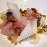 Hamachi sashimi with Hawaiian hearts of palm, Asian pear, toasted pine nuts and shiso