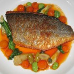 Loup de mer: sautéed sea bass with eggplant, tomato and zucchini