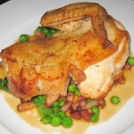 Poulet rôti: Jidori chicken with peas à la Française and roasted chicken jus
