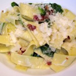 Hand-cut tagliatelle with pea leaves, artichokes, pancetta, Meyer lemon and parmesan