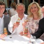 At Spago Beverly Hills. From left to right: Stephen Golding (Wolfgang Puck Culinary Iced Coffees - Director of Communications); chef Wolfgang Puck; Sophie Gayot; Craig Lieberman (Wolfgang Puck Culinary Iced Coffees - President)
