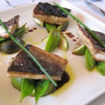 Mediterranean branzino glazed with fig and 18 year balsamic vinegar, served with snow peas, figs and Koroneiki olive oil