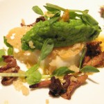 Burrata & English peas: creamy mozzarella burrata with crushed English peas, caramelized wild mushrooms and crispy parmigiano vinaigrette