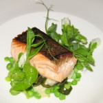 Sitka, Alaska troll-caught king salmon, sautéed, with English peas, potato gnocchi, and onion soubise