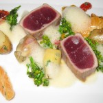 Ecuadorian bigeye tuna, seared rare, with baby artichokes, Ozette potatoes, and Fremont tangerines