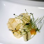 Turbot tempura: pickerel topped with whitefish caviar, Haida Gwaii herring roe and kelp