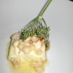 Alaskan halibut: chanterelles, baby onions and mustard