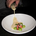 Ajo blanco con cangrejo: chilled almond garlic soup with crabmeat and green grapes