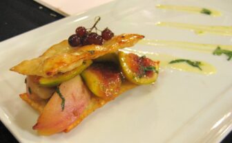 Winning dessert: Napoleon roasted white peaches and yellow figs with micro thyme, oregano, and mint with a lemon lime crème anglaise