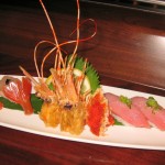 Live botan ebi and blue fin tuna: raw spotted shrimp (left) with fatty blue fin tuna (right)