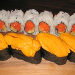Spicy tuna & tempura flakes with cucumber and uni (sea urchin)