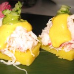 Spicy yellowtail sushi: spicy mayo, green onions and wasabi tobiko