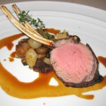 Roasted Colorado lamb rack: Swiss chard, caramelized cipollini and thyme jus