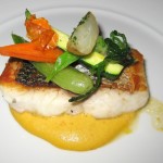 Wild sea bass: roasted vegetables, rosemary and giardiniera