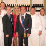 Mayor Richard Galy of Mougins, Consul General of France David Martinon with Sophie Gayot at the opening party of Fig & Olive Melrose Place