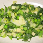 Farmers market salad with English peas, artichoke, lemon, mint and Manchego
