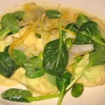 Fava bean and ricotta ravioli with shaved artichoke, Tat Soi and Meyer lemons