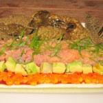 Nori nachos - crispy rice crackers, tartare, spicy salmon roe and qp sauce