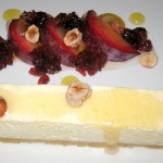Lebne cheesecake, plum, hibiscus and hazelnut
