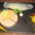 Foie gras terrine, saffron lebne, green plum and pistachio