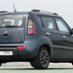 A three-quarter rear view of a Kia Soul
