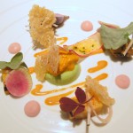 Monterey Abalone with sorrel, uni, radish and puffed rice