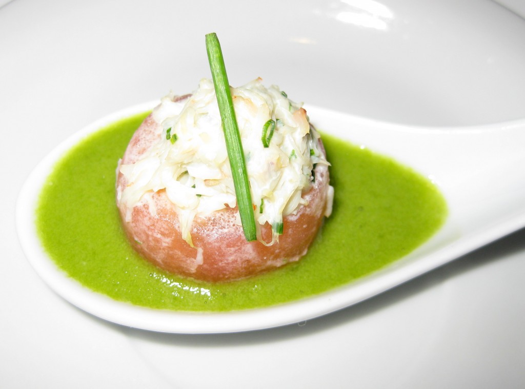 Amuse bouche from master chef Helene An: cherry tomato, crab and cucumber soup