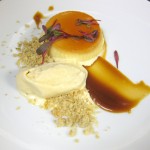 Duck egg flan with wild turkey, cardamom crumble and cajeta ice cream