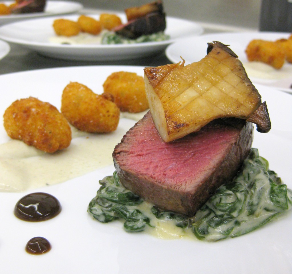 Steak & potatoes: celeriac creamed spinach, black garlic, bone marrow, truffled 'tater tots'