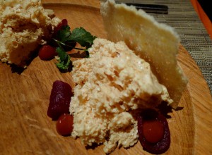 Aerated foie gras, pickled beet, mashed plum, brioche at wd-50 restaurant in New York Aerated foie gras, pickled beet, mashed plum, brioche at wd-50 restaurant in New York