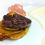Seared foie gras, cinnamon caramel apple, red wine shallots and celery root purée