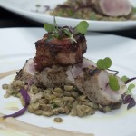Rosemary and fennel marinated pork tenderloin, braised bacon, lentils and bagna cauda