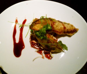 Tequila-battered avocado with pomegranate vinaigrette