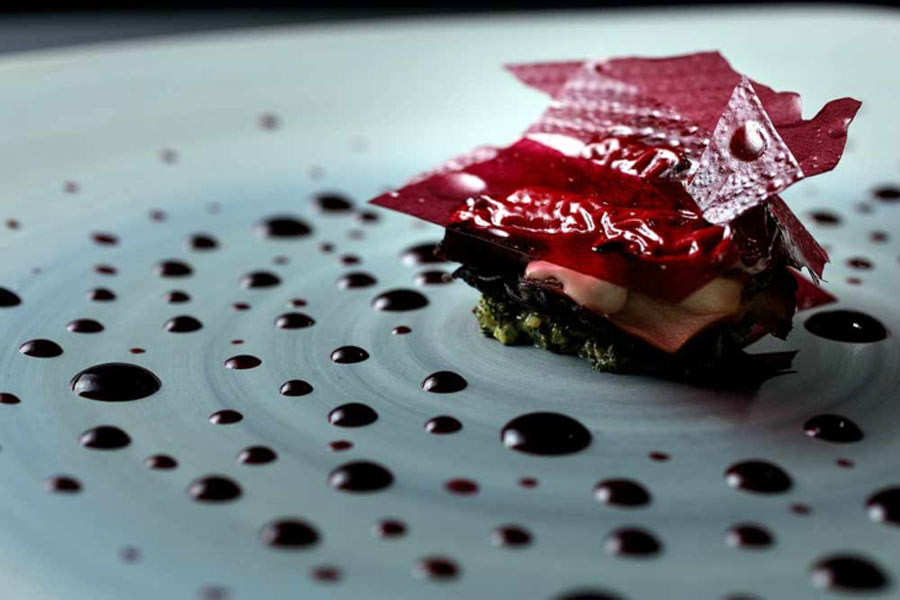 Blueberry, foie gras, miatake, lapsang souchong at Alinea