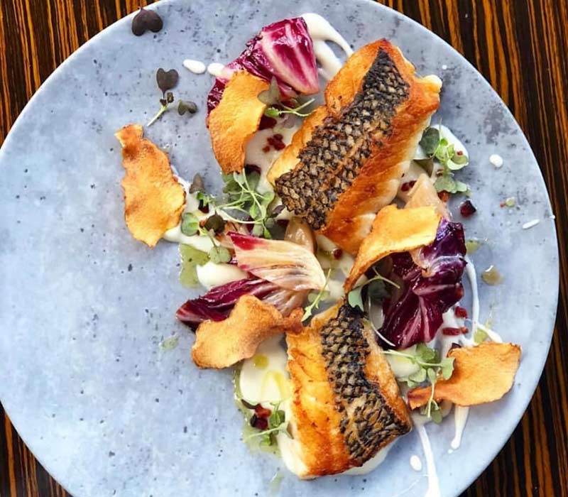 Restaurant Nicholas dayboat black bass, sunchoke cream, micro bacon, grilled radicchio