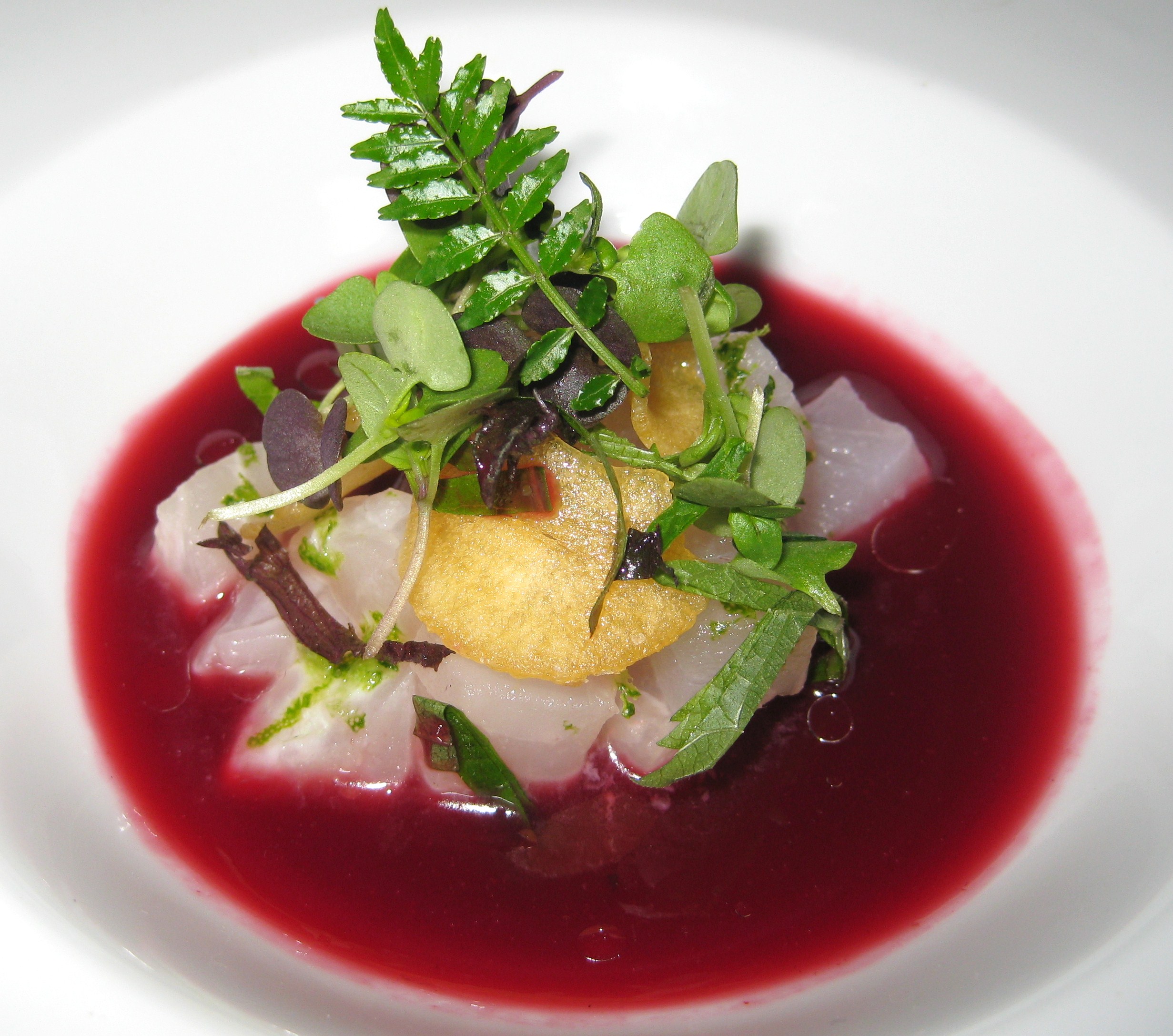 Chef Laurent Gras's diced kinmedai seasoned with sudachi lime juice
