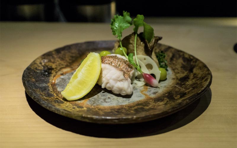 NAOE: Yakimono - Local black belly rose, organic trumpet mushroom, lotus root, French breakfast radish, gingko nuts, organic lemon; Photo credit: www.foodforthoughtmiami.com
