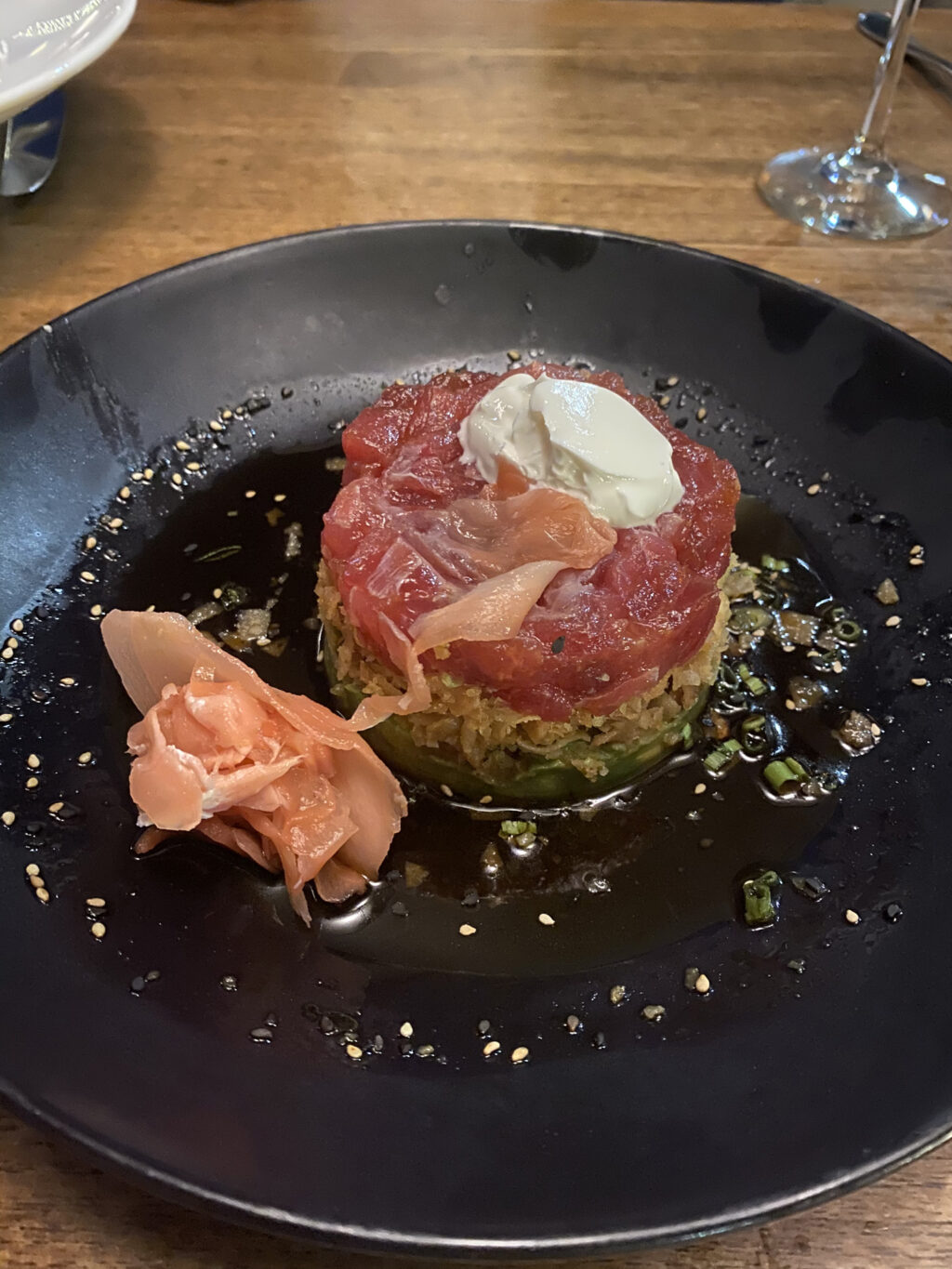Ahi tuna tartare, avocado, ginger ponzu, sesame seeds