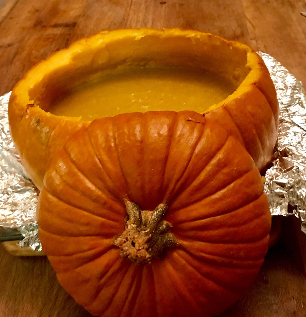 Pour the soup back in the pumpkin
