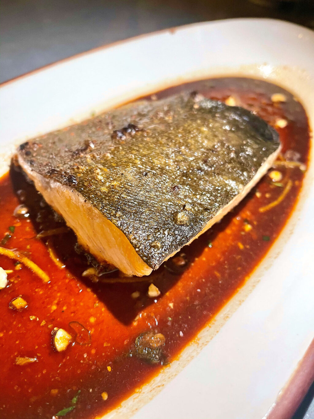 Arctic char flambadou: habanero hazelnut “XO” sauce