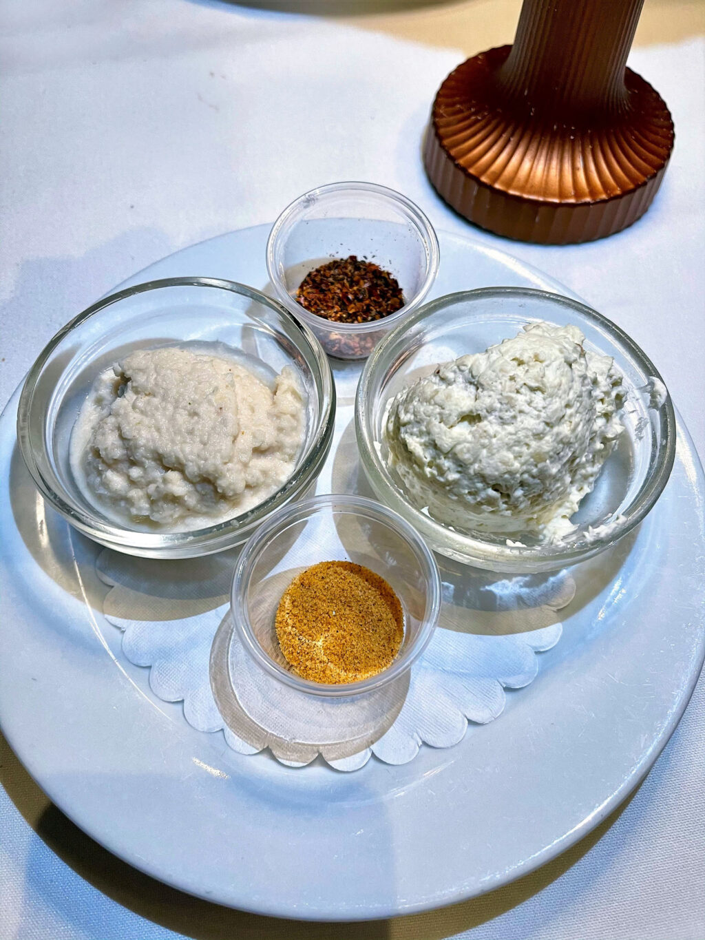 Horseradish whupped cream, Lawry's salt, Lawry's pepper