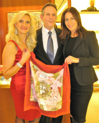 Thomas Keller, president of Bocuse d'Or USA and Laura Cunningham at Hermès Beverly Hills with Sophie Gayot